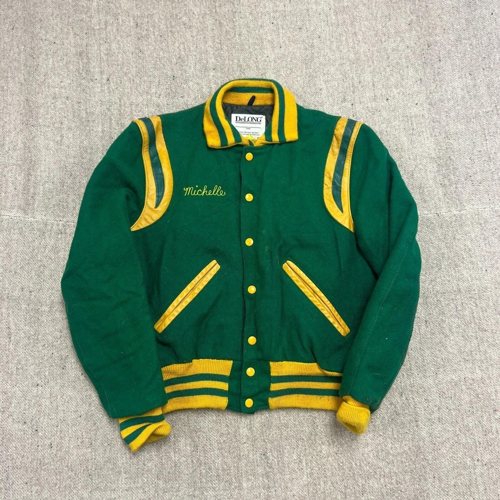 Vintage Varisty Jacket Women's Medium Green 1980s De Long Chain Stitch